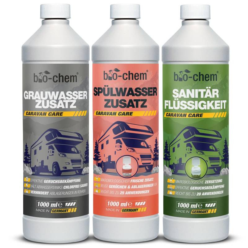 Campingtank-Set 3-teilig: Bio Sanitärflüssigkeit 1 l + Grauwassertank-Zusatz 1 l + Spülwasser-Zusatz 1 l | Starke Tank-Reiniger zur effektiven Geruchsbekämpfung für Frische in Allen mobilen Tanks von bio-chem