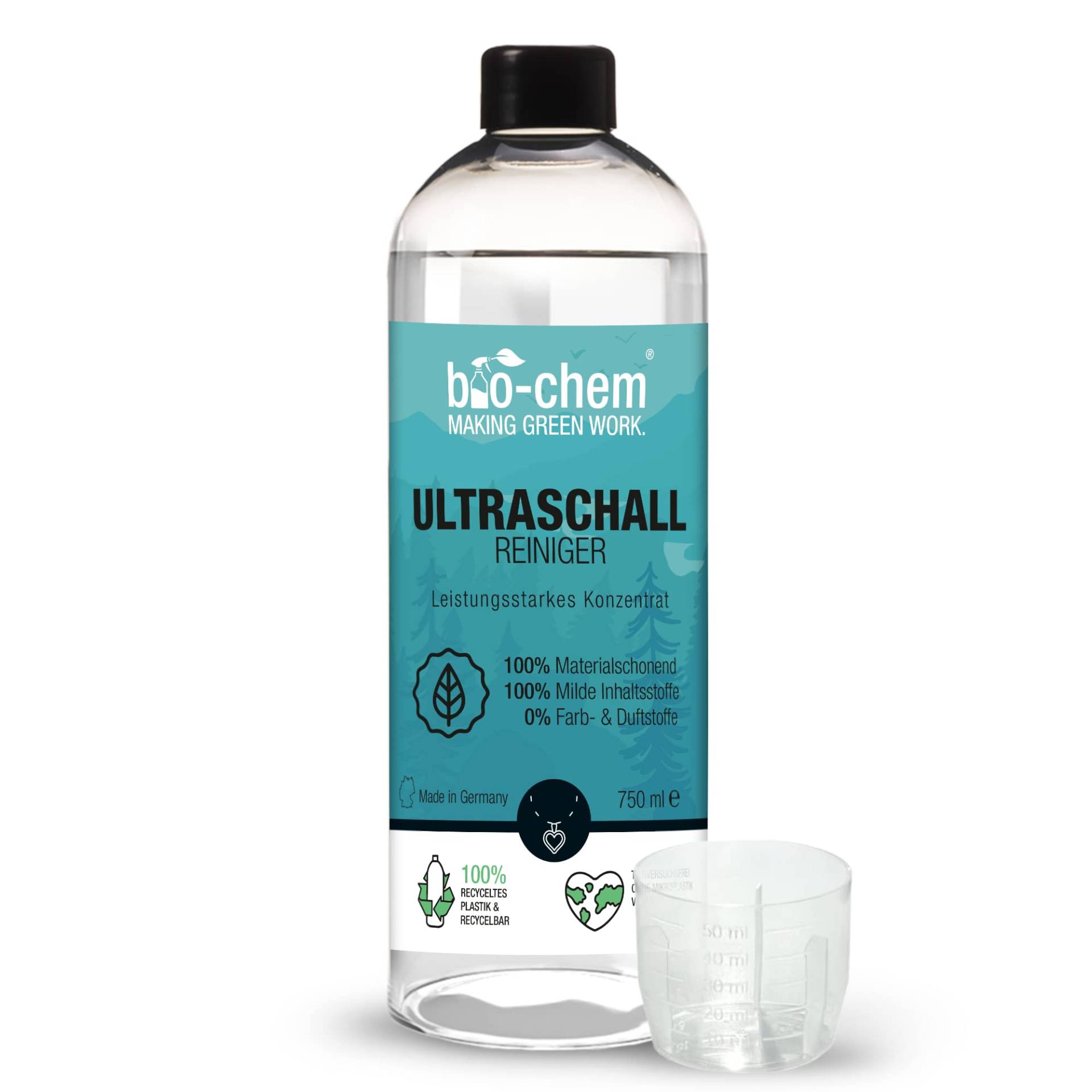 bio-chem Bio Ultraschallreiniger Konzentrat 750 ml inkl. Dosierbecher, geruchsfrei, alkoholfrei, Reinigungszusatz für Ultraschallgeräte/Ultrasonic-Cleaner für Brillen, Schmuck u.v.m. von bio-chem