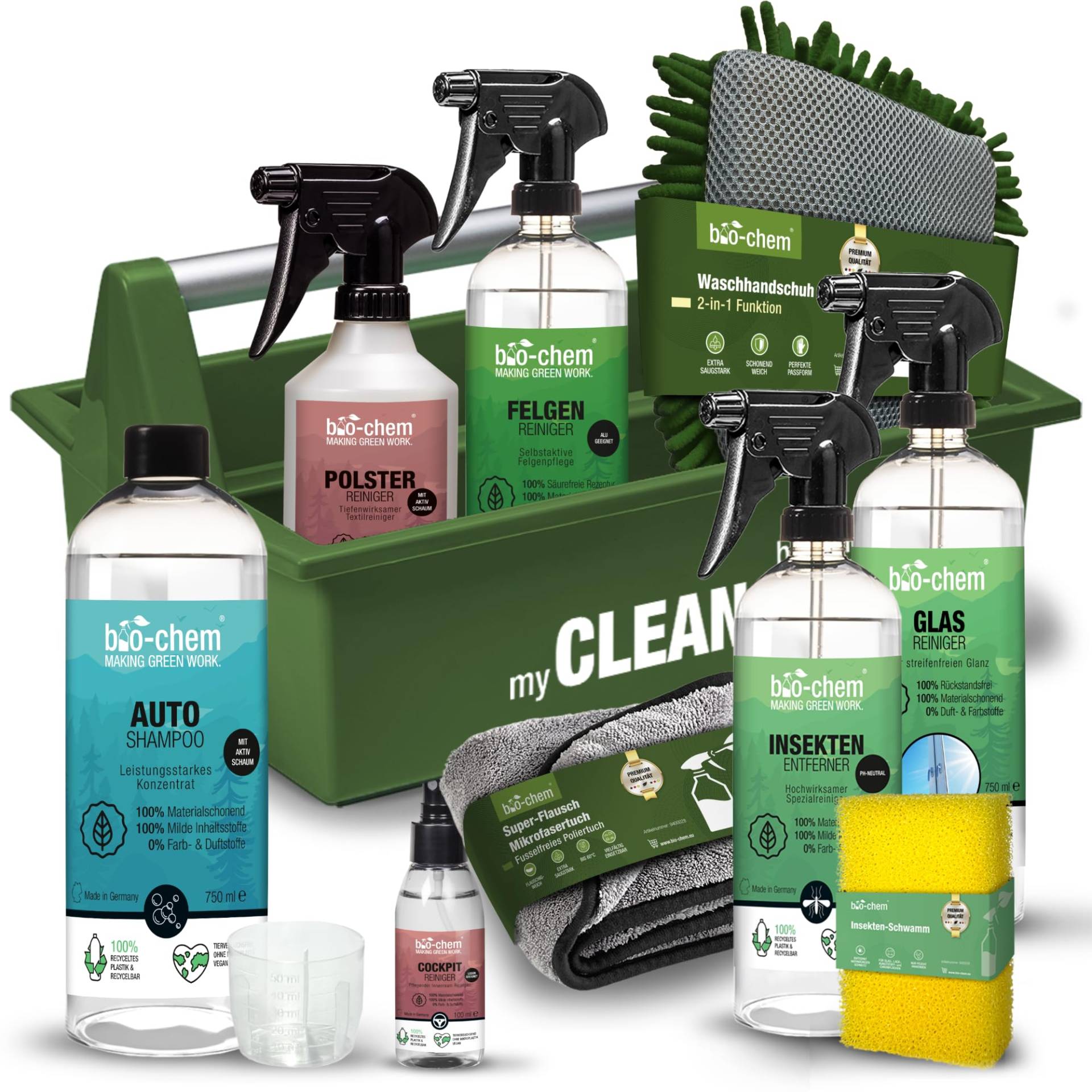 bio-chem CLEANTEC Autopflege Premium Set 9-teilig für das gesamte Auto im Innenraum und Außenbereich I Optimales Pflegeset für die Anwendung außen und innen I Mit Mikrofasertuch und Werkzeugbox von bio-chem