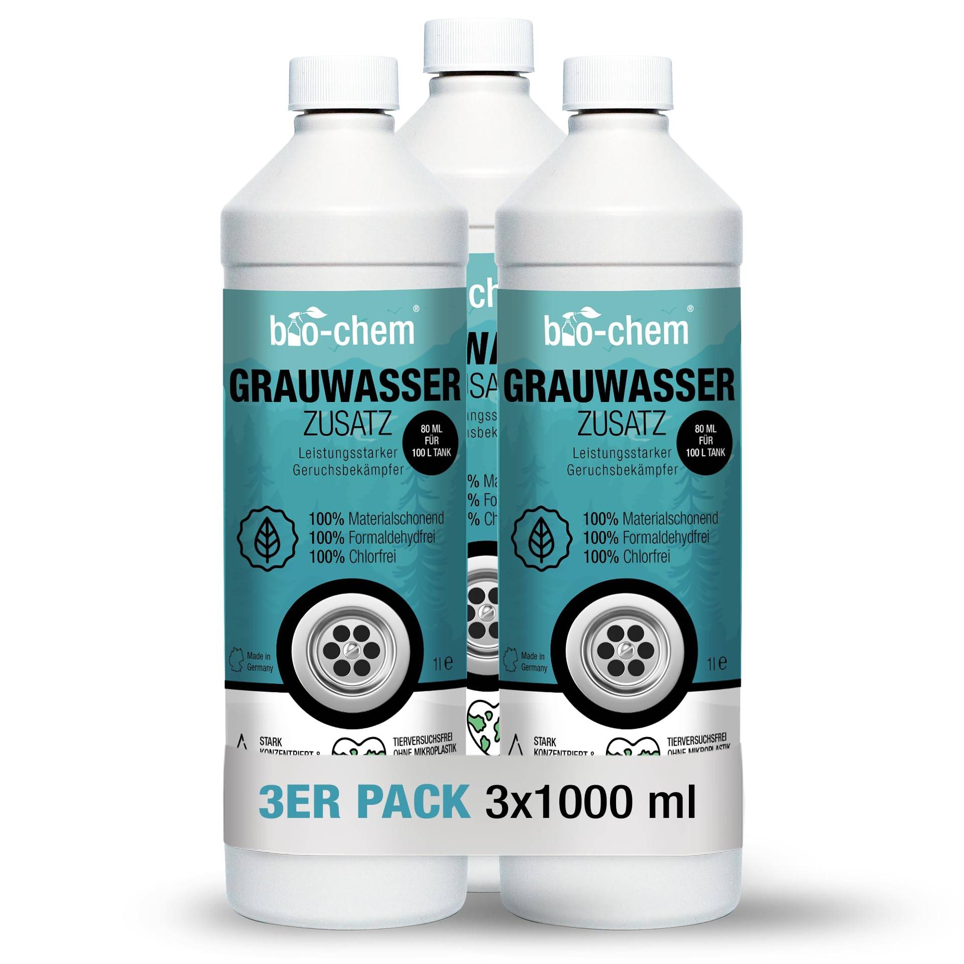 bio-chem Grauwassertank-Zusatz - 3X 1000 ml Konzentrat - Tank-Reiniger für Schmutzwasser-, Grauwasser- und Abwasser-Tank von Wohnmobil, Wohnwagen - Made in DE von bio-chem