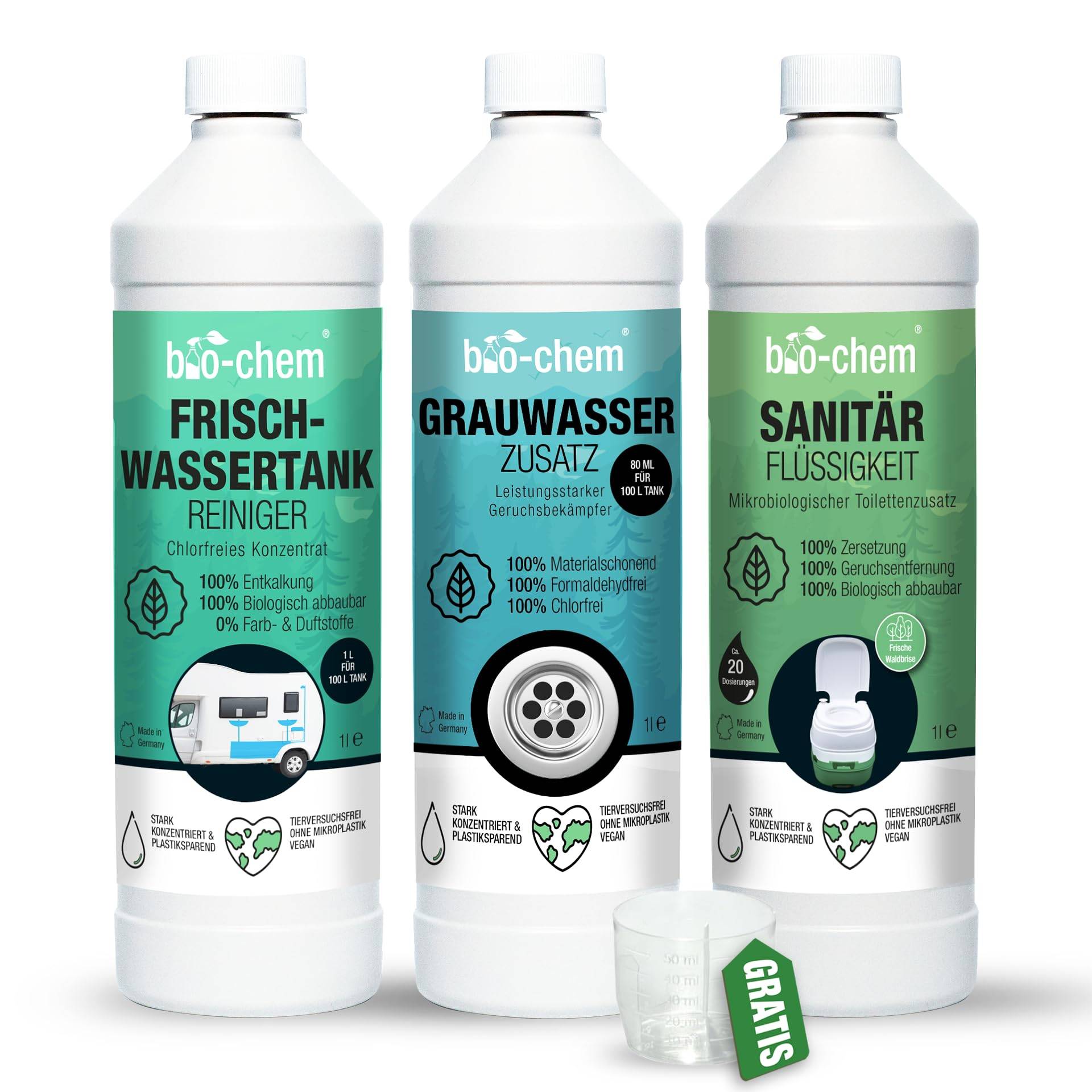 Camping Hygiene-Zusätze Set 3-teilig: Bio Sanitärflüssigkeit 1l + Frischwassertank-Reiniger 1l + Grauwassertank-Zusatz 1l - Effektive Geruchsbekämpfung & frische Sauberkeit für alle mobilen Tanks von bio-chem