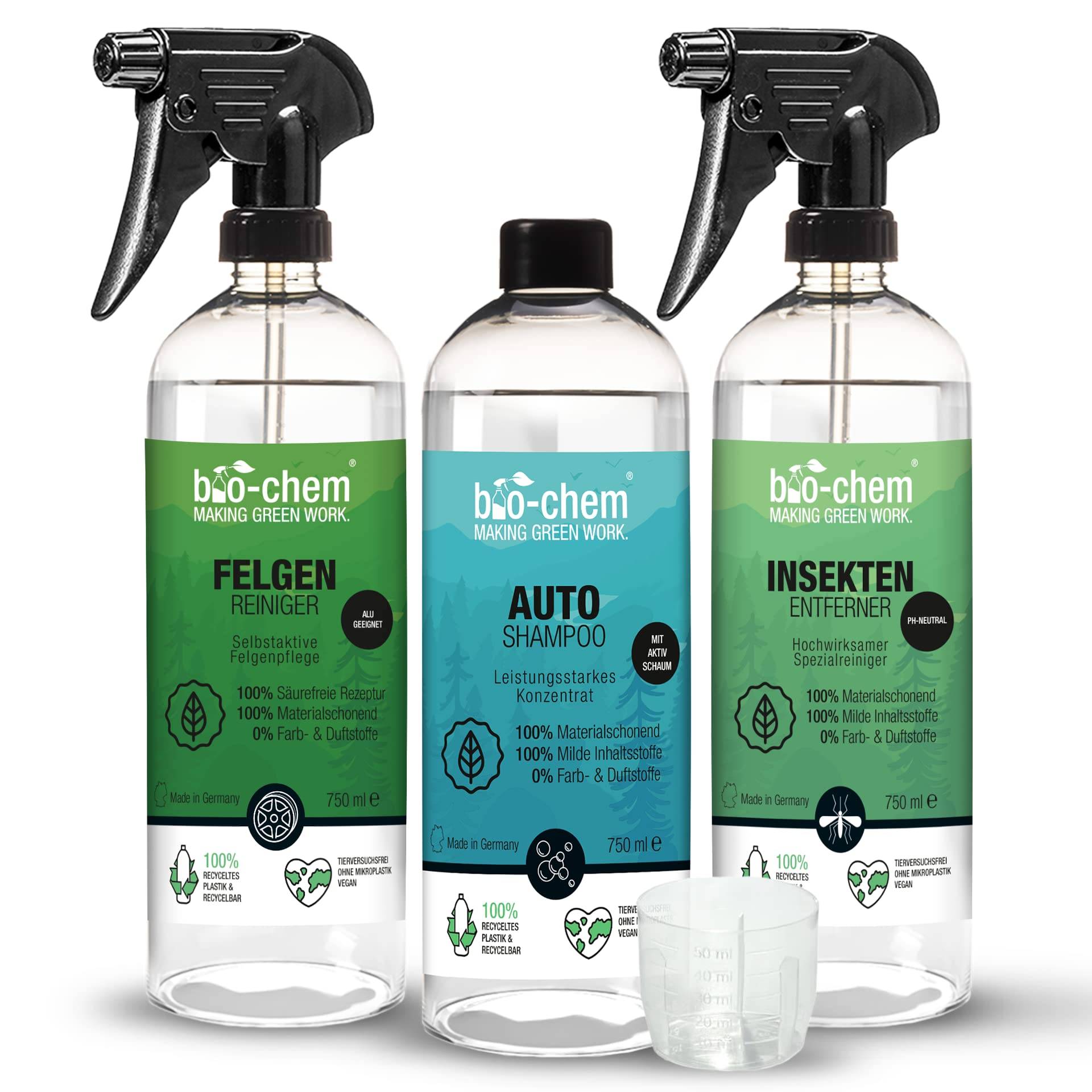 bio-chem Auto Reinigungsset Aussen Basic 3-teilig - für kraftvolle & lackschonende Reinigung Aller KFZ-Oberflächen - Auto-Shampoo, Insektenentferner, Felgenreiniger - Made IN GER von bio-chem