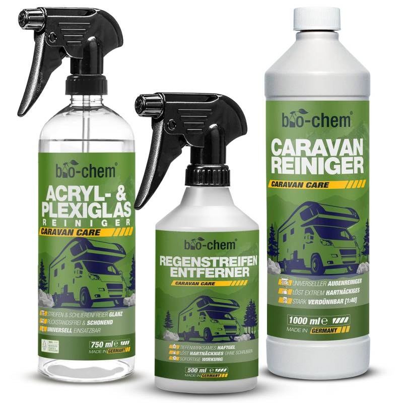 bio-chem Caravan Außen-Pflege Set 3-teilig - 1x 1000ml Caravan-Reiniger + 1x 500ml Regenstreifen-Entferner 1x 750ml Acryl- und Plexiglasreiniger - für Wohnmobil, Wohnwagen, Anhänger, Vorzelt etc. von bio-chem
