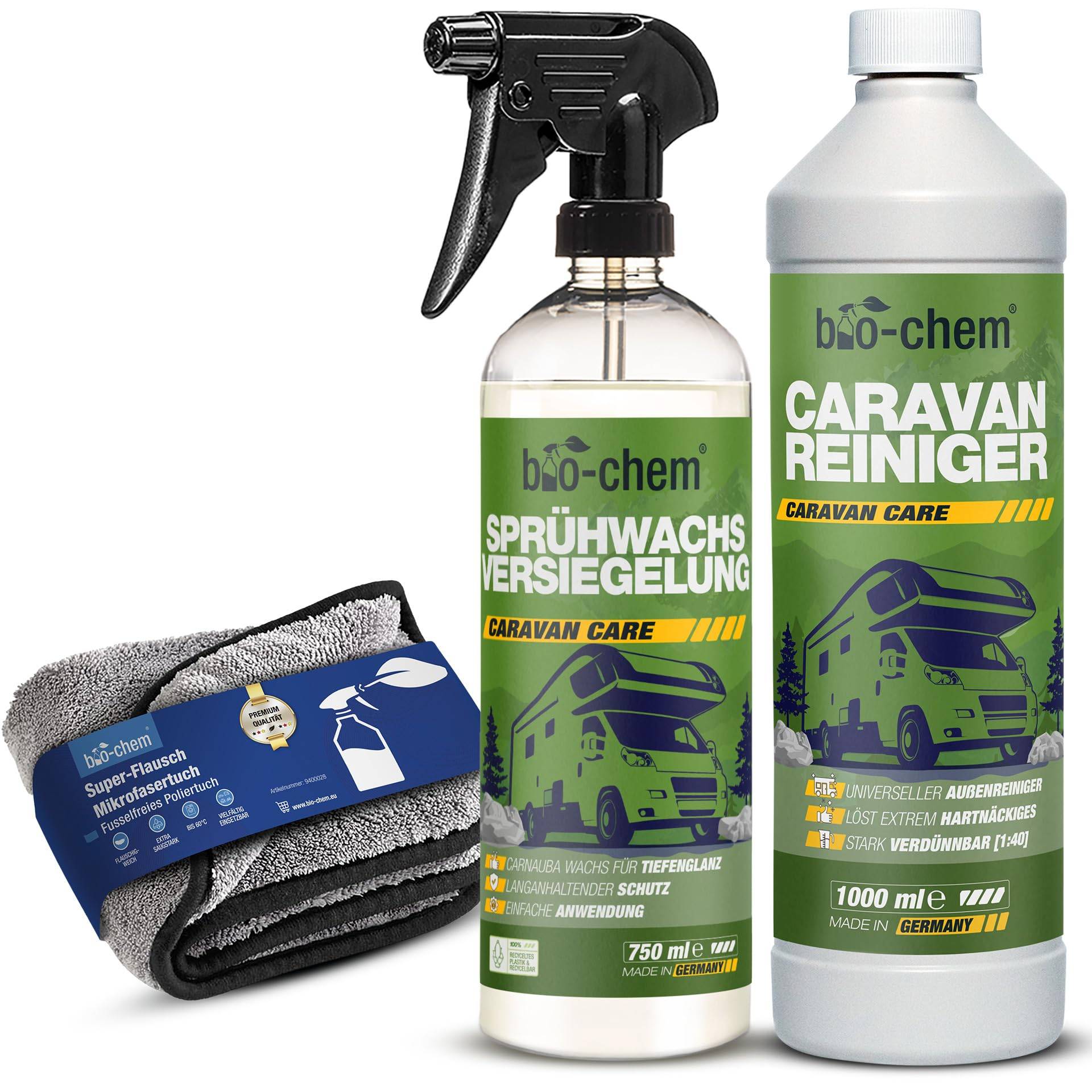 bio-chem Caravan Außenpflege Set 3-teilig: Sprühwachs-Versiegelung 750 ml + Caravan & Wohnmobil-Reiniger 1 L extra Starkes Konzentrat + Premium Mikrofasertuch I Professionelle Reinigung & Pflege von bio-chem