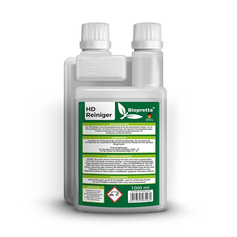 Biopretta HD-Reiniger 1 Liter Dosierflasche Konzentrat Ultraschallreiniger Teilewaschreiniger von biopretta