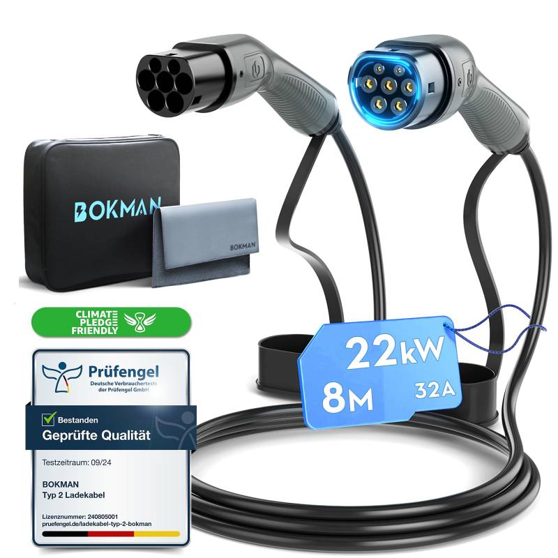 bokman Typ 2 Ladekabel, Modus 3 / 32A / 22 kW / 3-Phasig / 8 Meter, Typ 2 auf Typ 2 EV Ladekabel für Elektroauto mit Tragetasche und Mikrofasertuch von bokman