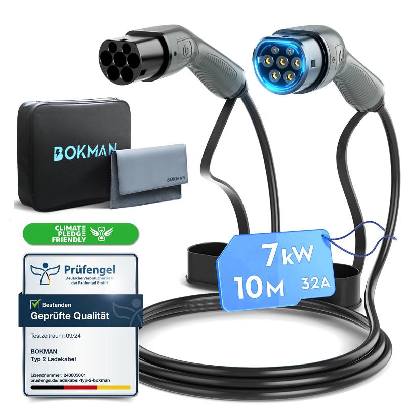 bokman Typ 2 Ladekabel, Modus 3 / 32A / 7,2 kW / 1-Phasig / 10 Meter, Typ 2 auf Typ 2 EV Ladekabel für Elektroauto mit Tragetasche und Mikrofasertuch von bokman