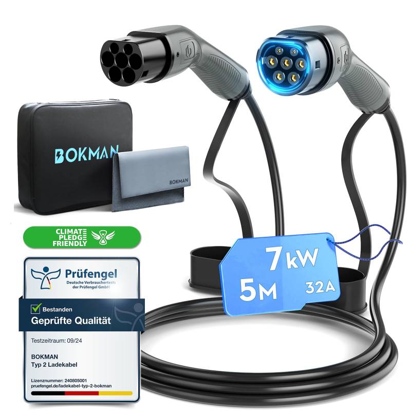 bokman Typ 2 Ladekabel, Modus 3 / 32A / 7,2 kW / 1-Phasig / 5 Meter, Typ 2 auf Typ 2 EV Ladekabel für Elektroauto mit Tragetasche und Mikrofasertuch von bokman