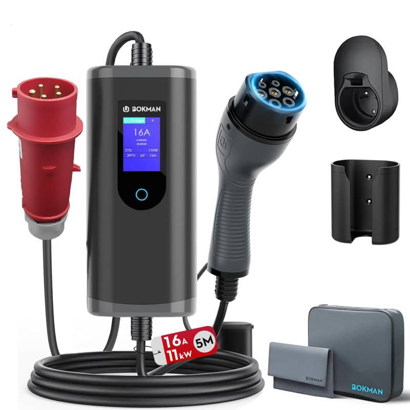 bokman Typ 2 Ladekabel mit CEE Stecker, 5 Meter | 6-16A | 11kW | 3-Phasig | IP65 Wasserdicht, Tragbares EV-Ladegerät und Mobile Wallbox Ladestation für IEC 62196-2 mit Tragetasche & Mikrofaserhandtuch von bokman