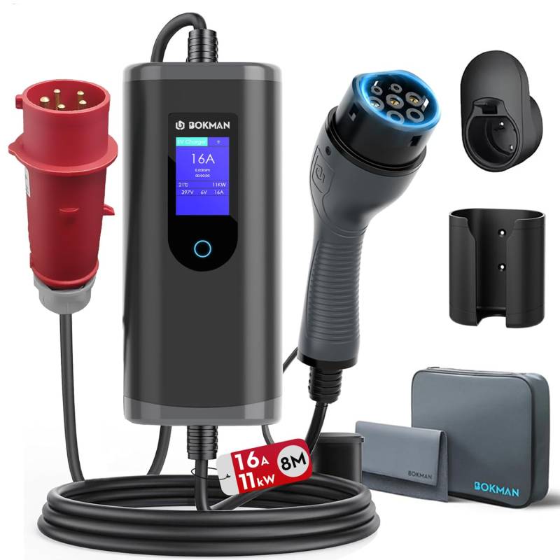 bokman Typ 2 Ladekabel mit CEE Stecker, 8 Meter | 6-16A | 11kW | 3-Phasig | IP65 Wasserdicht, Tragbares EV-Ladegerät und Mobile Wallbox Ladestation für IEC 62196-2 mit Tragetasche & Mikrofaserhandtuch von bokman