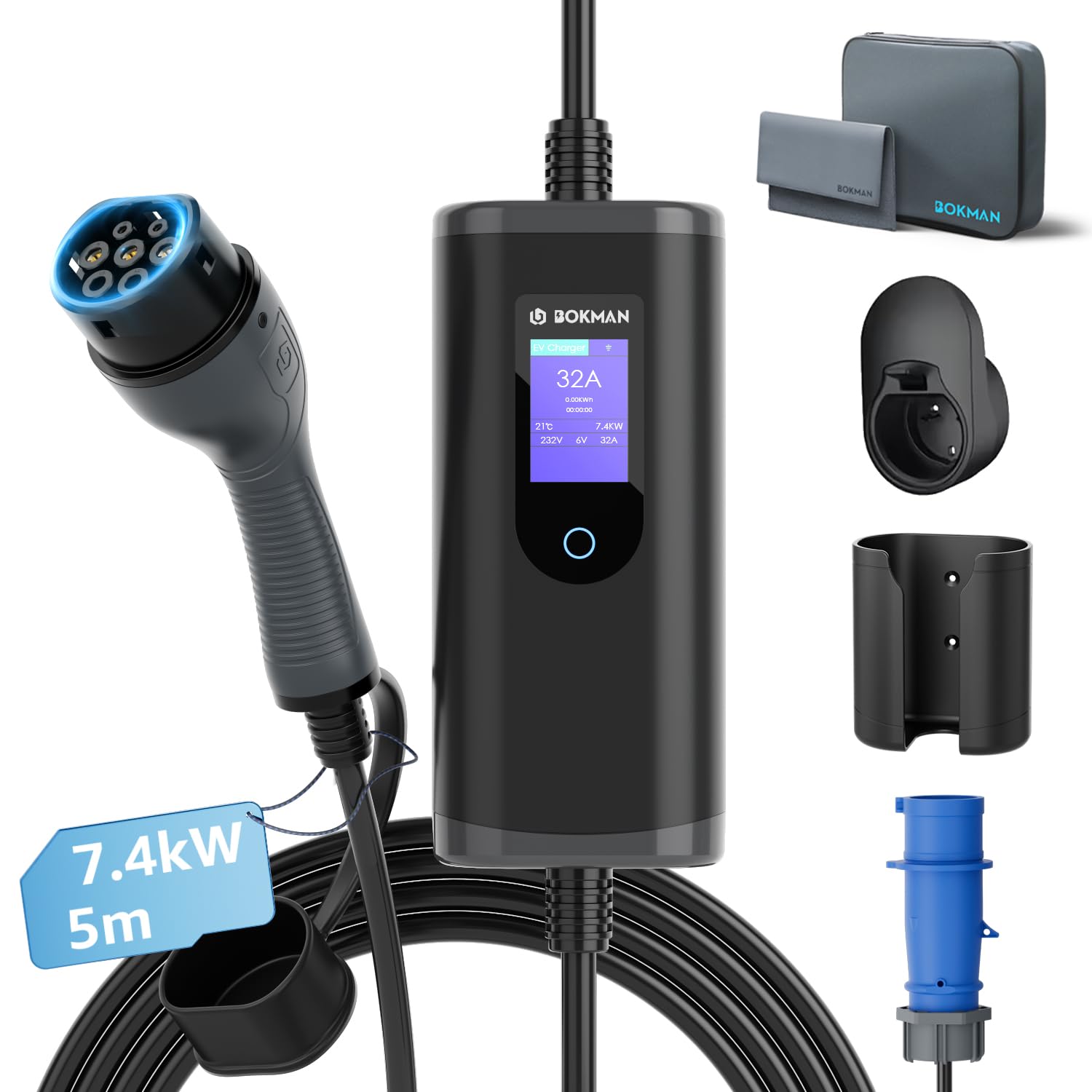 bokman Typ 2 Ladekabel mit CEE Stecker 7,4kW, 5 Meter | 6-32A | 1-Phasig | IP65 Wasserdicht, Tragbares EV-Ladegerät und Mobile Wallbox Ladestation für IEC 62196-2 mit Tragetasche & Mikrofaserhandtuch bokman Typ 2 Ladekabel mit CEE Stecker 7,4kW, 5 Meter | 6-32A | 1-Phasig | IP65 Wasserdicht, Tragbares EV-Ladegerät und Mobile Wallbox Ladestation für IEC 62196-2 mit Tragetasche & Mikrofaserhandtuch von bokman