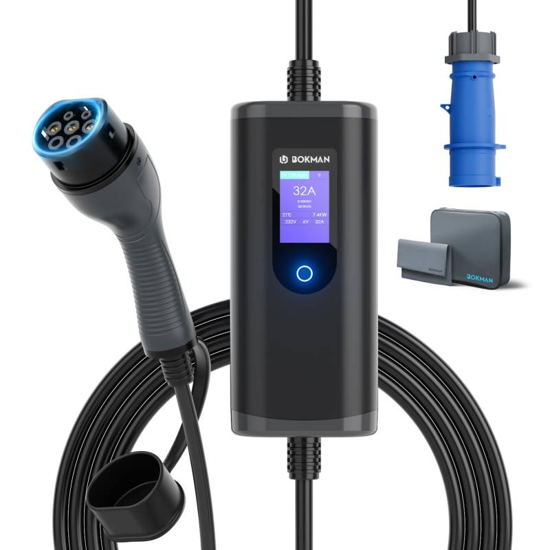 bokman Typ 2 Ladekabel mit CEE Stecker 7,4kW, 8 Meter | 6-32A | 1-Phasig | IP65 Wasserdicht, Tragbares EV-Ladegerät und Mobile Wallbox Ladestation für IEC 62196-2 mit Tragetasche & Mikrofaserhandtuch von bokman