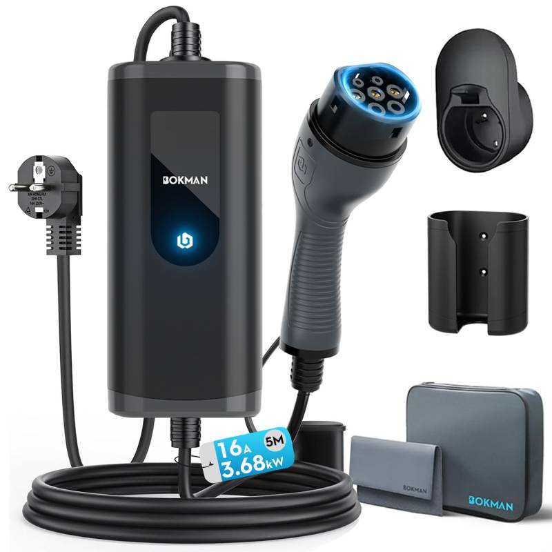 bokman Typ 2 Schuko EV-Ladegerät, 5 Meter | 16A | 3,68kW | IP65 Wasserdicht, Tragbares EV-Ladegerät für IEC 62196-2 mit Tragetasche & Mikrofaserhandtuch von bokman