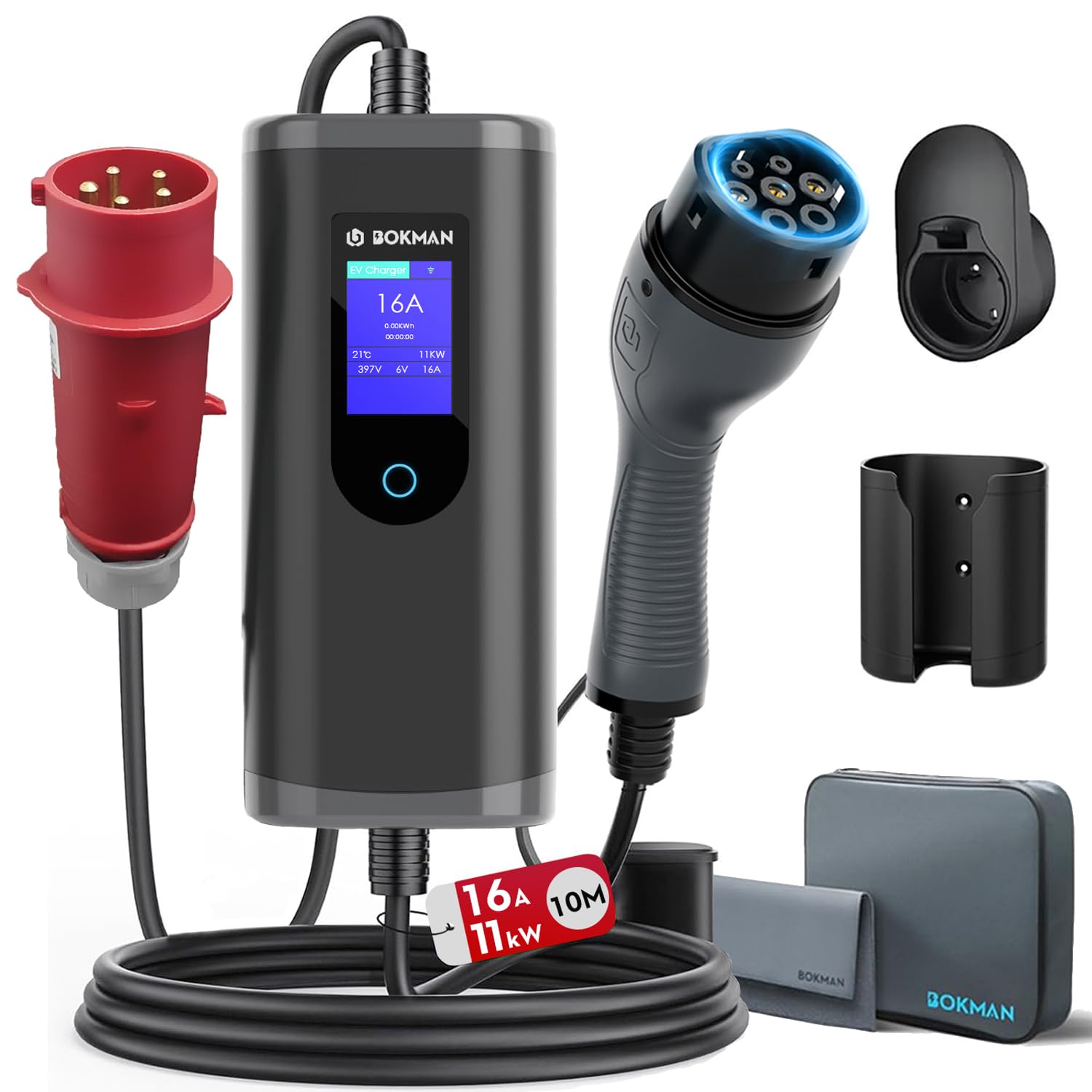 bokman Type 2 Charging Cable with CEE Plug, 10 Metres, 6-16A, 11 kW, 3-Phase, IP65 Waterproof, Portable EV Charger and Mobile Wallbox Charging Station for IEC 62196-2 with Carry Bag and Microfibre bokman Type 2 Charging Cable with CEE Plug, 10 Metres, 6-16A, 11 kW, 3-Phase, IP65 Waterproof, Portable EV Charger and Mobile Wallbox Charging Station for IEC 62196-2 with Carry Bag and Microfibre von bokman