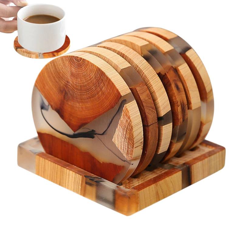 Untersetzer-Set – Set mit 6 Untersetzern aus Holz mit Ständer | Untersetzer aus Harz, multifunktionales Design, Getränkehalter für Zuhause und Büro, Geschenk Pe von brooksnaji