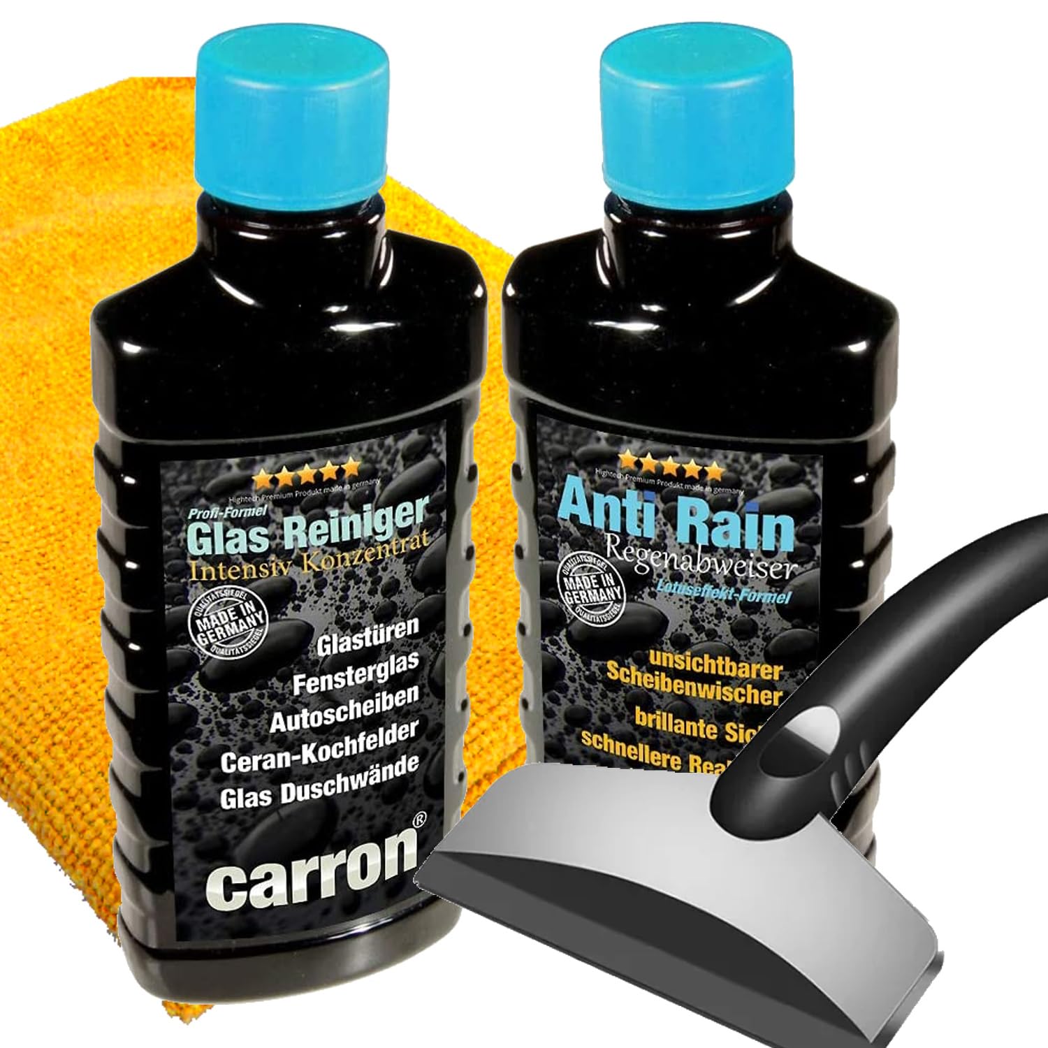 carron Anti-Rain Abperleffekt Regenabweiser 3in1-Set mit Eiskratzer + Poliertuch für Autoscheibe Glasversiegelung für regenabweisenden Lotuseffekt inkl. Tiefen-Reiniger und Versiegelung von carron