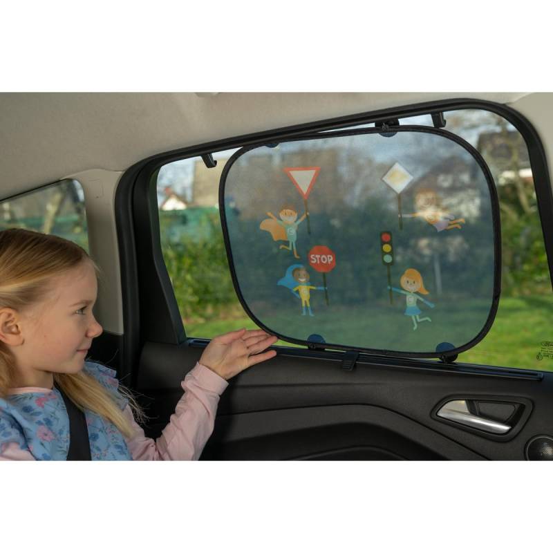 cartrend Auto-Sonnenschutz HERO​, schützt vor Hitze und UV-Strahlen, mit Saugnapf, buntes Design für Kinder, 2er Set, blau von cartrend