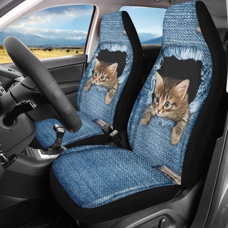 Chaqlin Cute Denim Cat Universal Autositzbezug 2er-Set Front Auto Auto Zubehör Protector Case Bag für Frauen Männer Fit SUV Van Sedan Truck von chaqlin