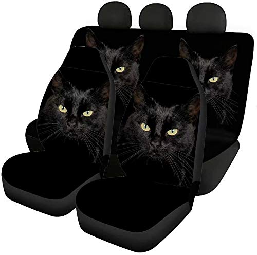 chaqlin Animal Black Cat Print Auto Vordersitzbezüge + Rückenschaufelsitzschutz Kompletter Satz von 4 Stück für Damen Herren Modisches Autozubehör von chaqlin