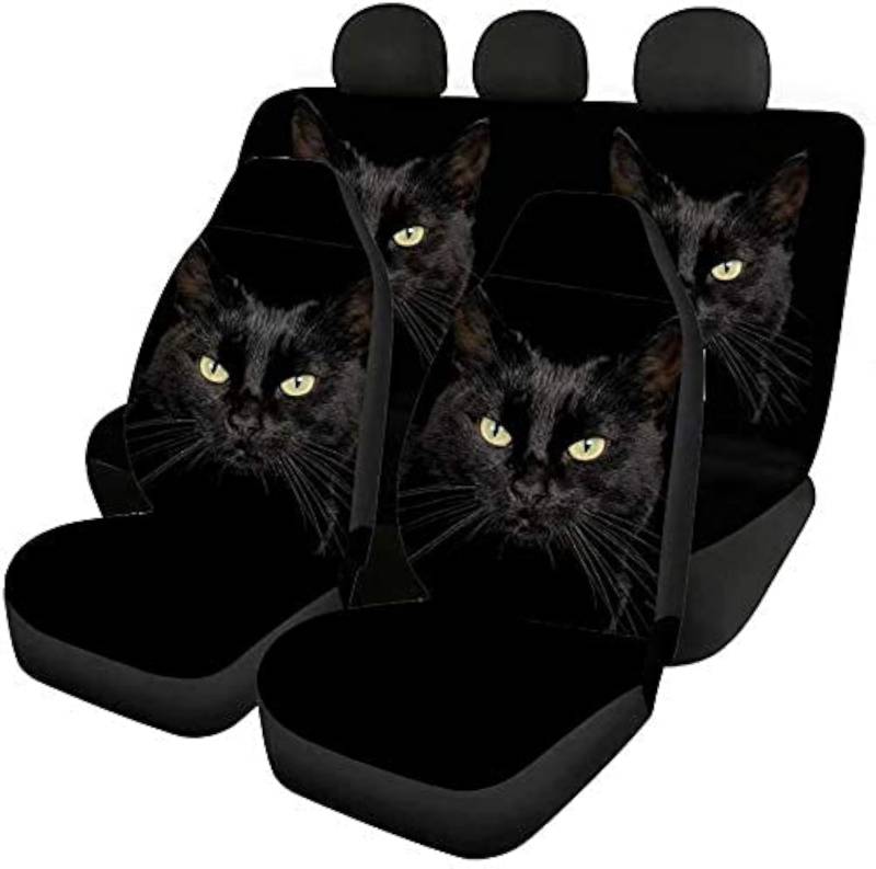 chaqlin Animal Black Cat Print Auto Vordersitzbezüge + Rückenschaufelsitzschutz Kompletter Satz von 4 Stück für Damen Herren Modisches Autozubehör von chaqlin