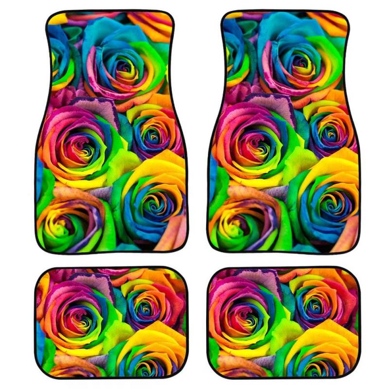 chaqlin Auto-Fußmatten für Damen, vorne und hinten, komplettes Set mit Regenbogen-Rosen-Design-Fußmatten auf Rutsch, Allwetter-Teppich, universelle Passform von chaqlin