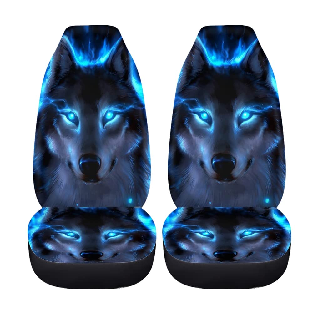 chaqlin Neon Blue Wolf Autositzbezüge Set,Frauen Männer Coole Auto-Innenausstattung Dekoration mit Wolf Printed Universal Schalensitzbezug,Fahrzeug-Vordersitze-Schutz 2 Stück von chaqlin