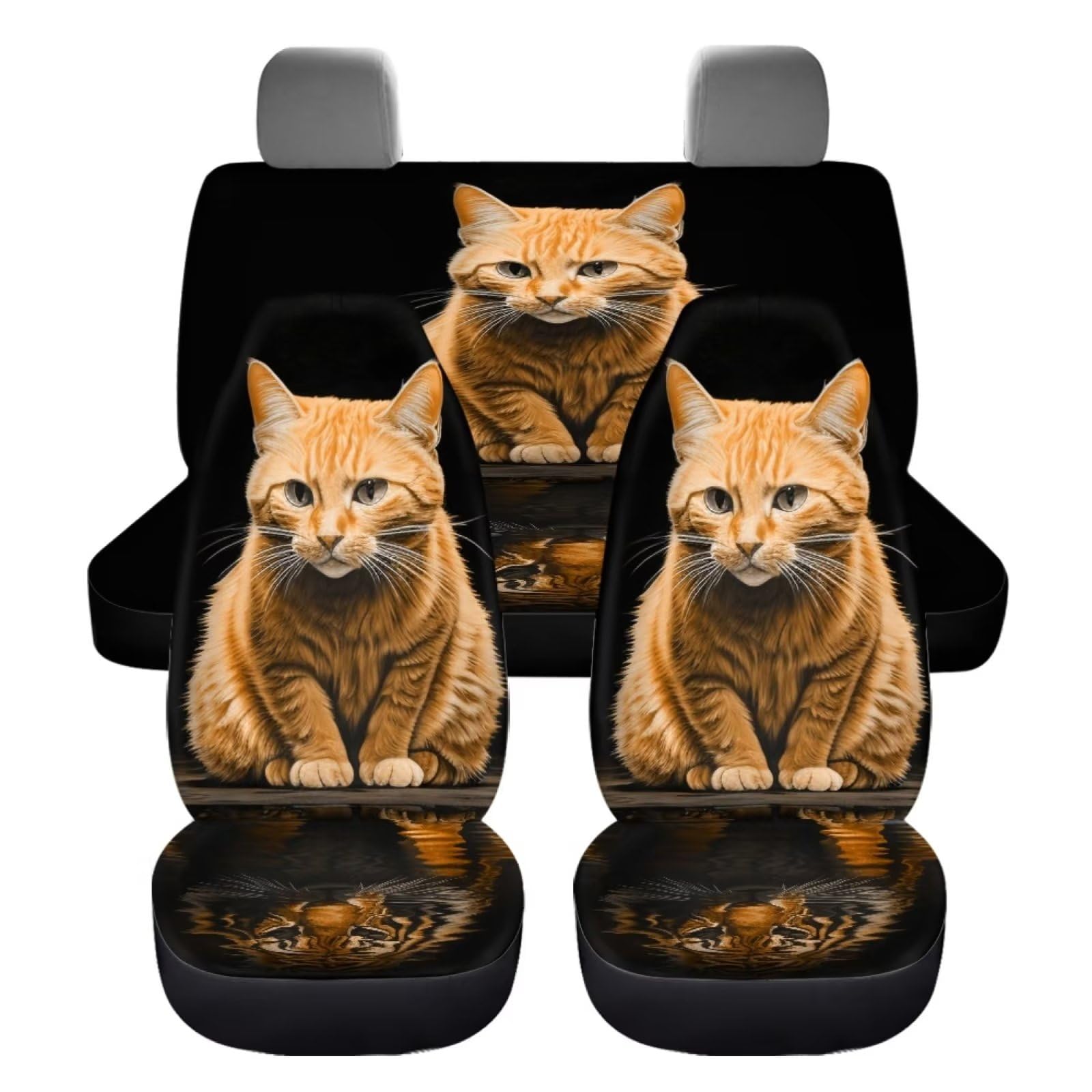 chaqlin Autositzbezug-Set mit Tier-Katzen-Tiger, für vorne und hinten, Set mit 4 lustigen Katzen-Design, Auto-Sitz-Innenzubehör mit 2 Stück Auto-Vordersitzbezügen, 2 Stück geteilten Rückbankschoner von chaqlin