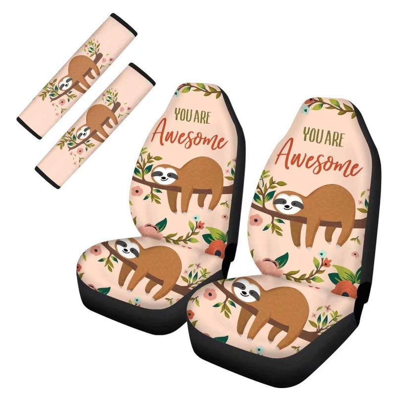 chaqlin Awesome Sloth Design Autositzbezüge Set Front Auto verblassen Haustierkissen 2er Pack Sicherheitsgurtbezug Schulterpolster Set Universal Fit für Auto Sitzbezüge Protektoren von chaqlin