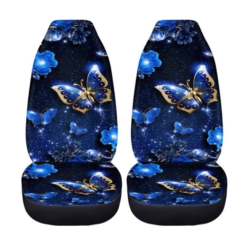 chaqlin Blue Butterfly Autositzbezüge Set, Moon Butterfly Print Auto Innenraum Zubehör Set Damen Girly Universal Fahrzeug Eimer Sitzbezug Schutz Full Set 2 Pcs von chaqlin
