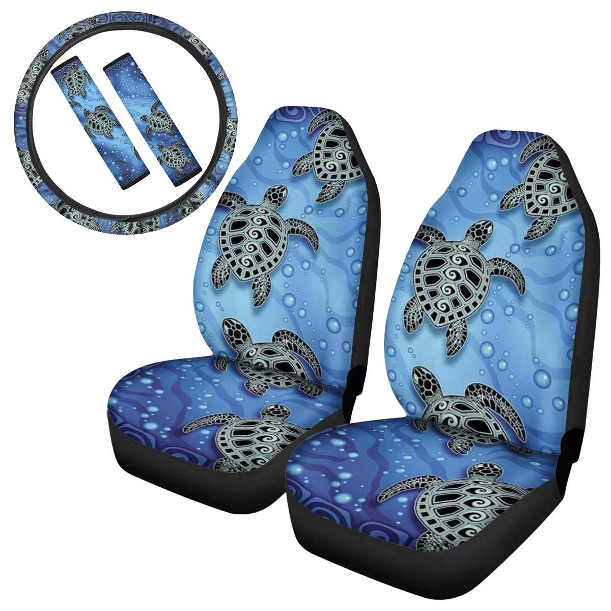 chaqlin Blue Neon Sea Turtle Print Vordersitzbezüge + Lenkradbezug + Sicherheitsgurtpolster, Universal Auto Interior Decor 5-teiliges Set für die meisten Autos von chaqlin