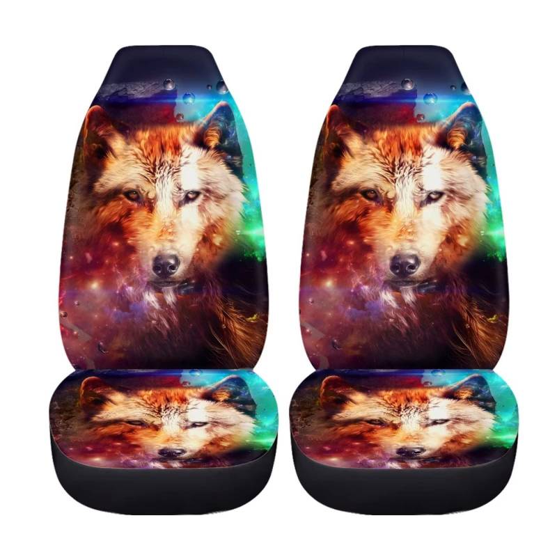 chaqlin Frauen Universal Auto Sitzbezüge Set mit 3D Bunte Wolf Print Fahrzeug Bucket Seat Cover Set von 2 Pcs Universal Auto Vordersitz Kissen Protector von chaqlin