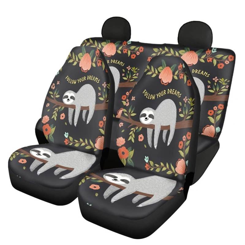 chaqlin Funny Sloth Print Autositzbezüge + Rückenlehnenbezug hinten + Sitzbezug hinten Autositzbezüge Komplettset mit 4 Teilen Niedliches Faultier Autozubehör, Universal-Passform, Schwarz von chaqlin