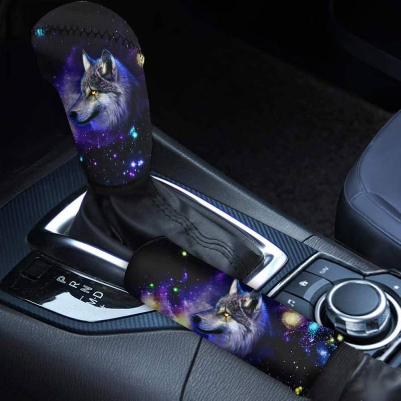 chaqlin Galaxy Wolf Print Schaltknauf Abdeckung + Auto Handbremsschutz für Damen Herren Geschenke, Universal Fit SUVs, Vans, Trucks, Limousinen Interieur Zubehör Dekor 2er-Set von chaqlin