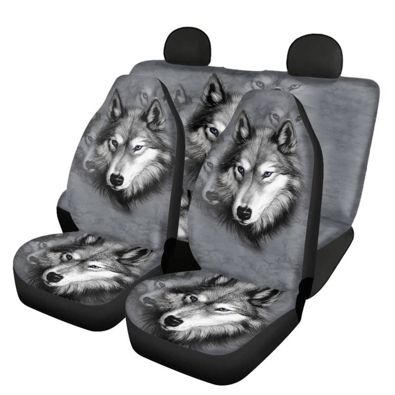 chaqlin Grey Wolf Print Autositzbezüge + Rückenlehnenbezug hinten hinten Bankbezug hinten Autositzbezüge Komplettset mit 4 Teilen Niedliches Faultier Autozubehör, universelle Passform von chaqlin