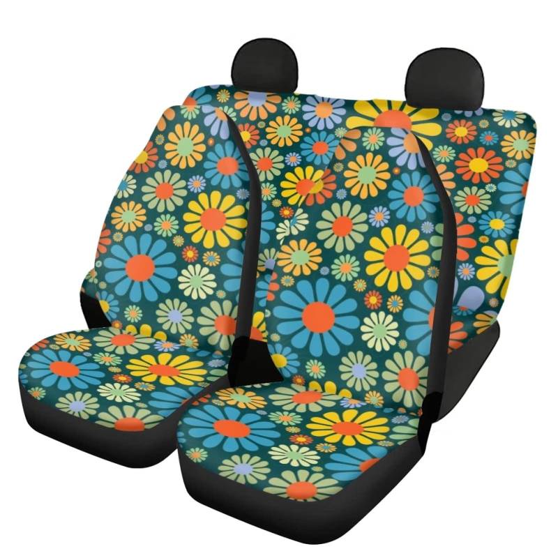 chaqlin Hippie Daisy Auto Sitzbezüge Full Set mit Front Rear Split Bank Sitzschutz für Damen Mädchen Mode Sitzbezüge für Autos,4 Pcs Bunte Daisy Auto Innenraum Zubehör von chaqlin