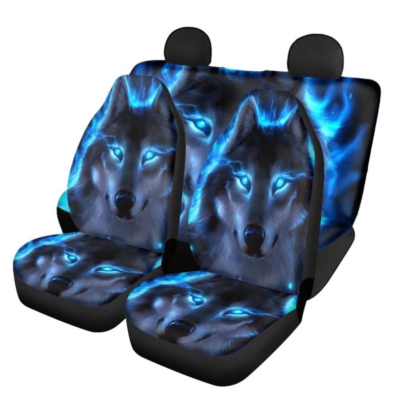 chaqlin Neon Blaue Wolf Autositzbezüge + Rückenlehnenbezug hinten + Sitzbezug hinten Autositzbezüge Komplettset mit 4 Teilen Niedliches Faultier Autozubehör, Universal-Passform von chaqlin