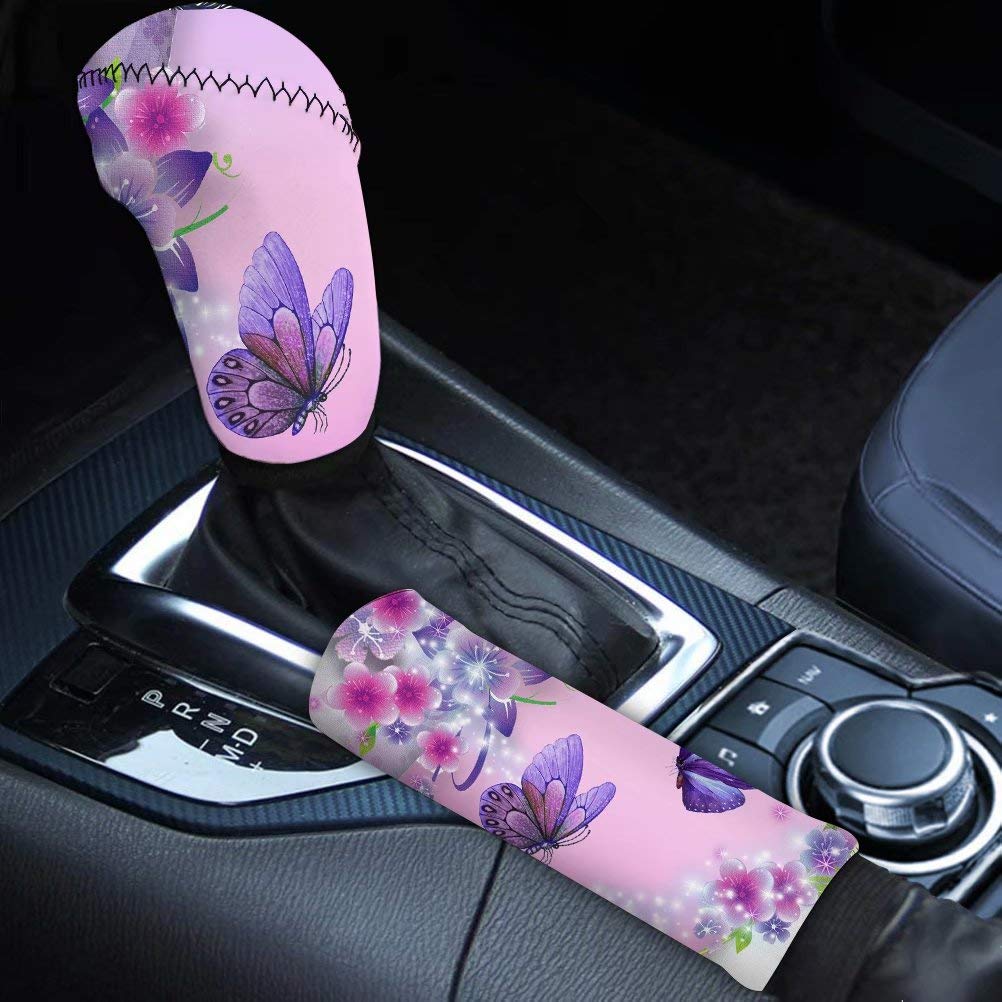 chaqlin Pink Butterfly Print Kfz-Schaltknaufabdeckung + Handbremsabdeckung für Damen Niedliche Blumenetui-Hülle Handschutz Auto-Innendekor-Zubehör 2er-Set chaqlin Pink Butterfly Print Kfz-Schaltknaufabdeckung + Handbremsabdeckung für Damen Niedliche Blumenetui-Hülle Handschutz Auto-Innendekor-Zubehör 2er-Set von chaqlin