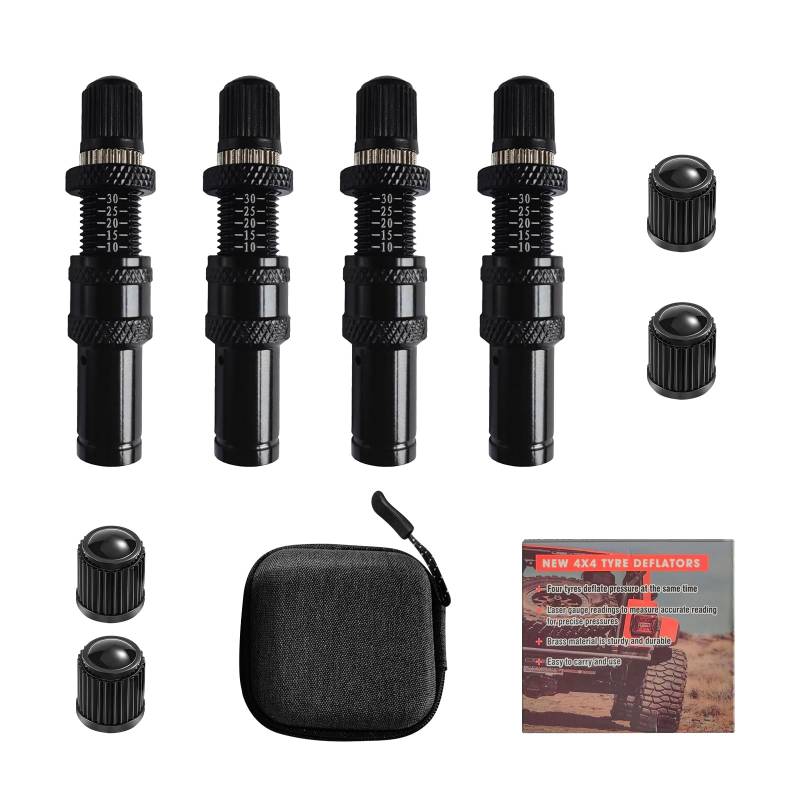 4-teiliges verstellbares Auto-Stop-Reifenablassventil-Set, Reifenluft-Down-Werkzeug für LKW, 10-30 PSI / 2,1 bar - 0,7 bar, verstellbar, mit 4 Ventilkappen und 1 Aufbewahrungsbox für LKW, Fahrzeuge, von cimsfcor