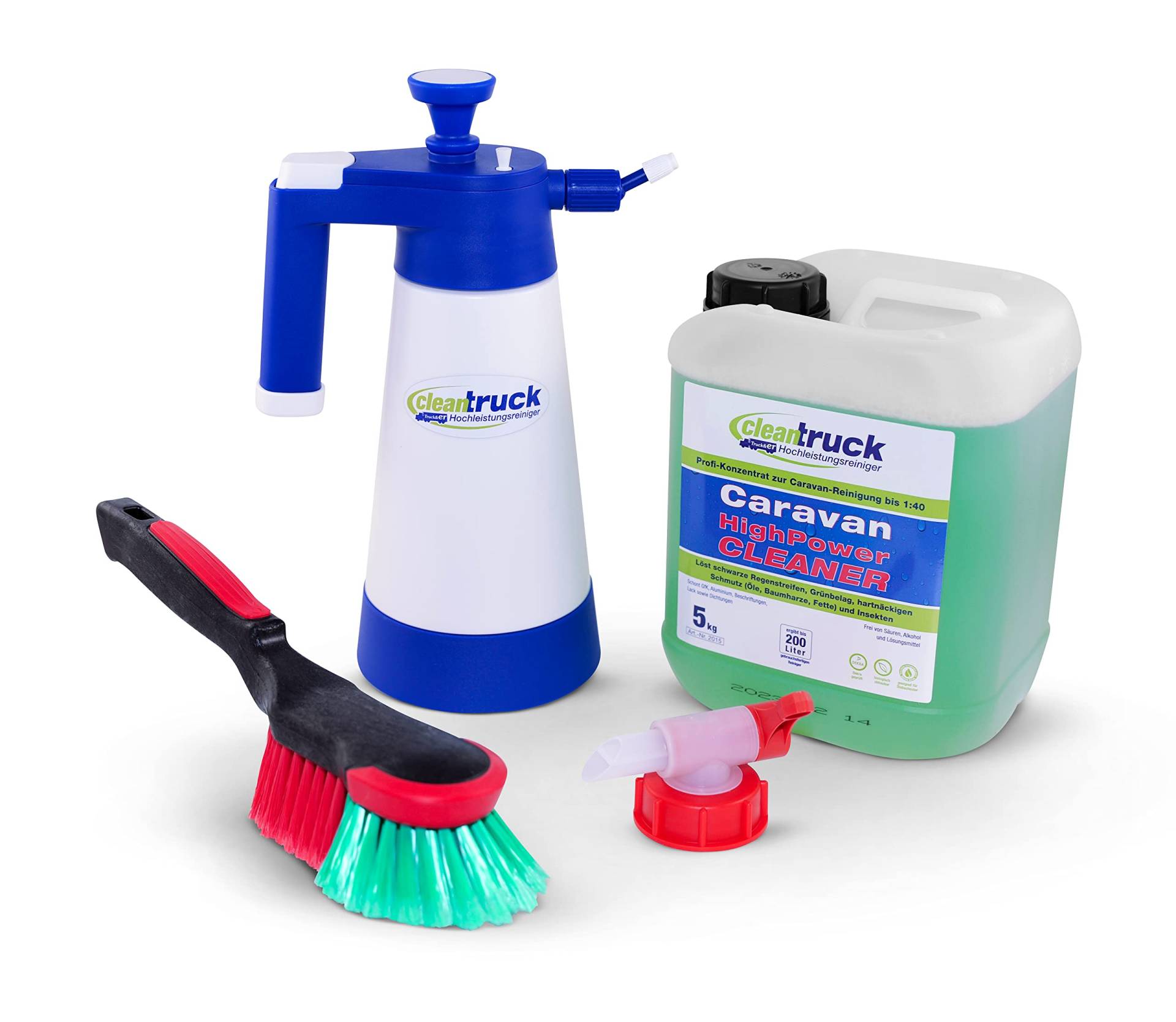 cleantruck Starter Kit Caravan - Professionelles Caravan Reiniger Starter-Paket gegen Regenstreifen & Grünbelag - inkl. Sprühflasche, Zapfhahn & Felgenbürste von cleantruck