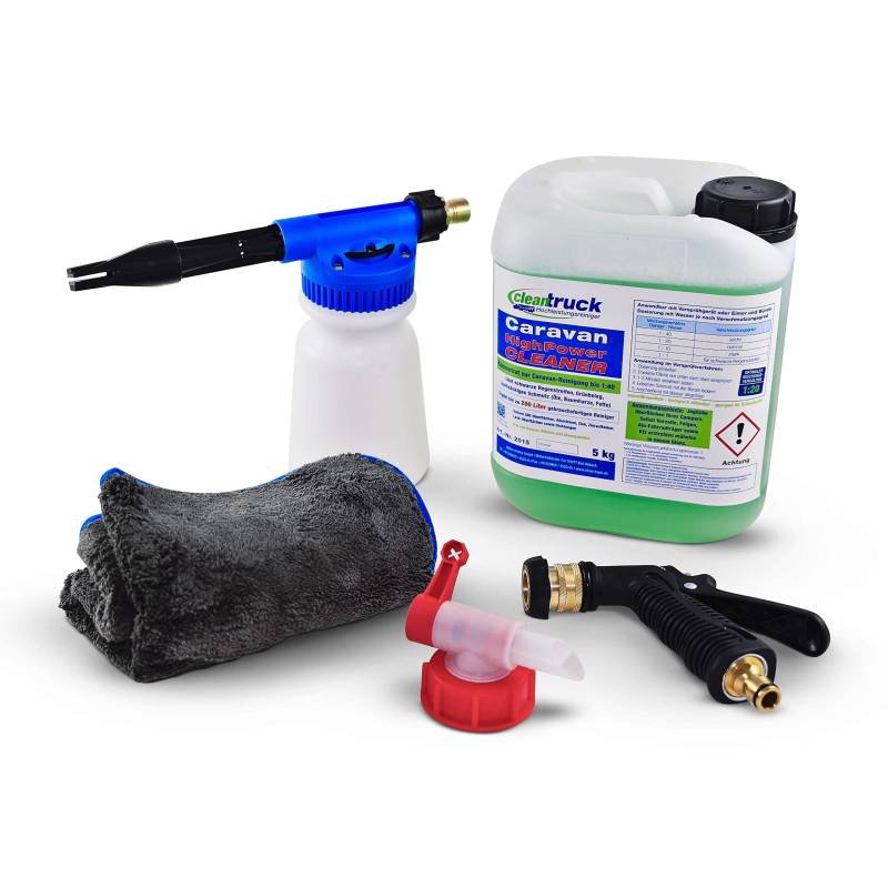 cleantruck Starter Set Schaumkanone Caravan - Professionelles Caravan Reiniger Starter-Paket gegen Regenstreifen & Grünbelag - inkl. Schaumkanone, Zapfhahn & Microfaser-Tuch von cleantruck