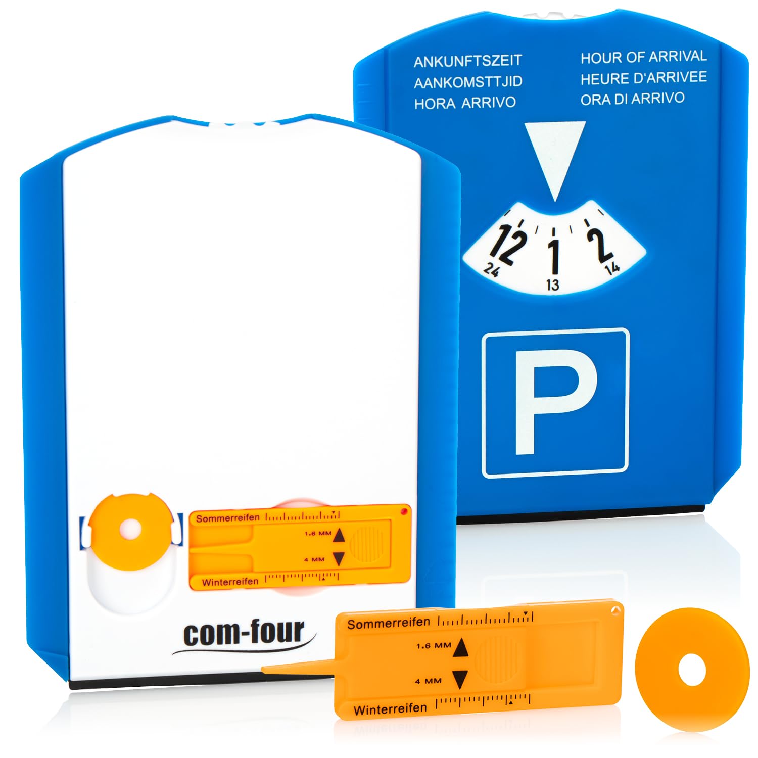 com-four® 2X Parkscheibe mit Eiskratzer, Gummilippe und Einkaufswagenchip und Reifenprofilmesser - Parkuhr aus Kunststoff (02 Stück - Parkscheibe mit Chip+Profilmesser) von com-four