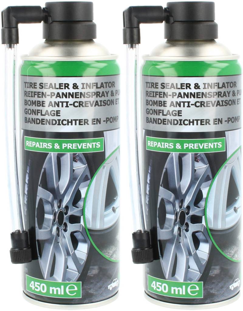 com-four® 2X Reifen Pannenspray je 450 ml - Autoreifen Pannenset auch für Motorradreifen - Reifenreparaturset - Reifendicht-Spray für Auto und Motorrad von com-four