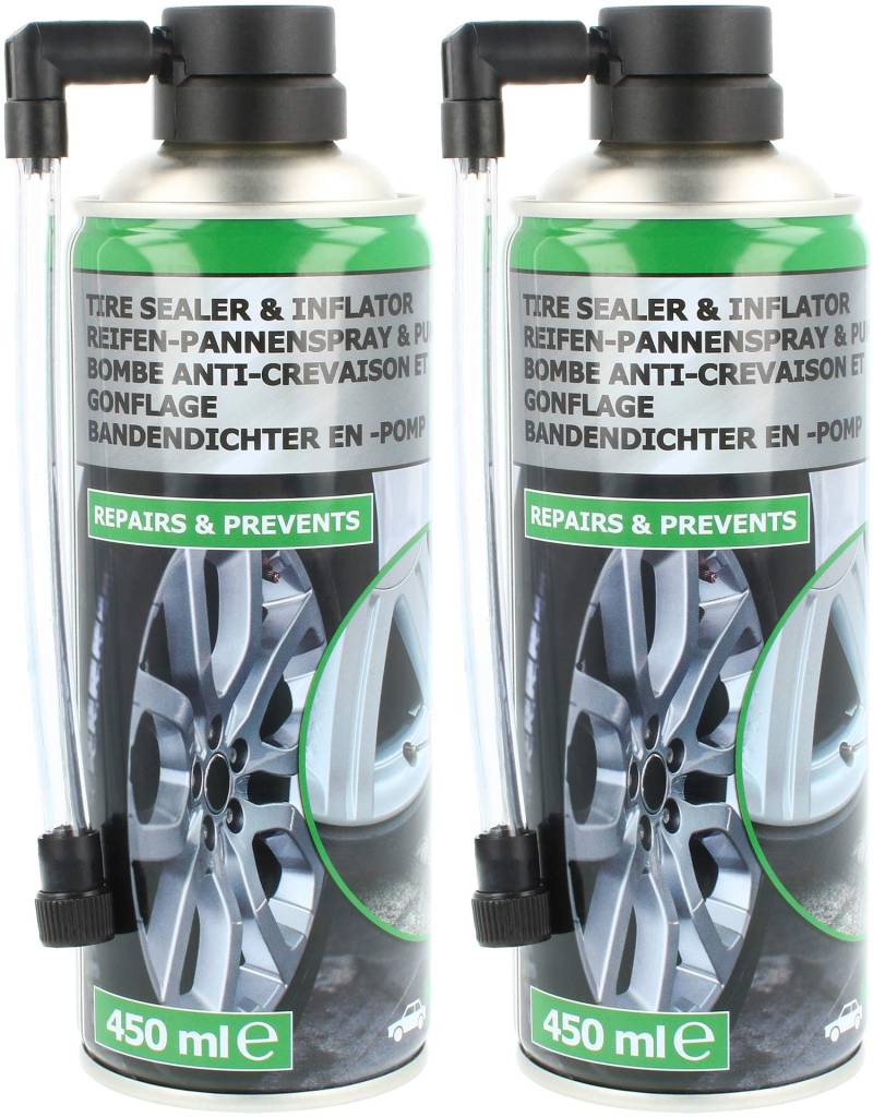 com-four® 2X Reifen Pannenspray je 450 ml - Autoreifen Pannenset auch für Motorradreifen - Reifenreparaturset - Reifendicht-Spray für Auto und Motorrad von com-four