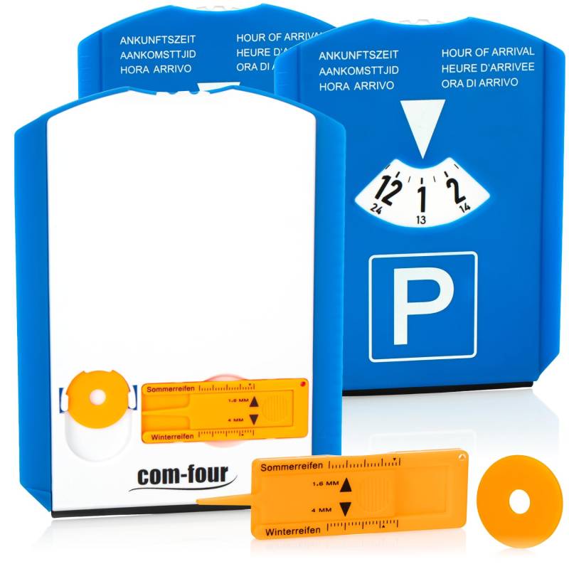 com-four® 3X Parkscheibe mit Eiskratzer, Gummilippe und Einkaufswagenchip und Reifenprofilmesser - Parkuhr aus Kunststoff (03 Stück - Parkscheibe mit Chip+Profilmesser) von com-four