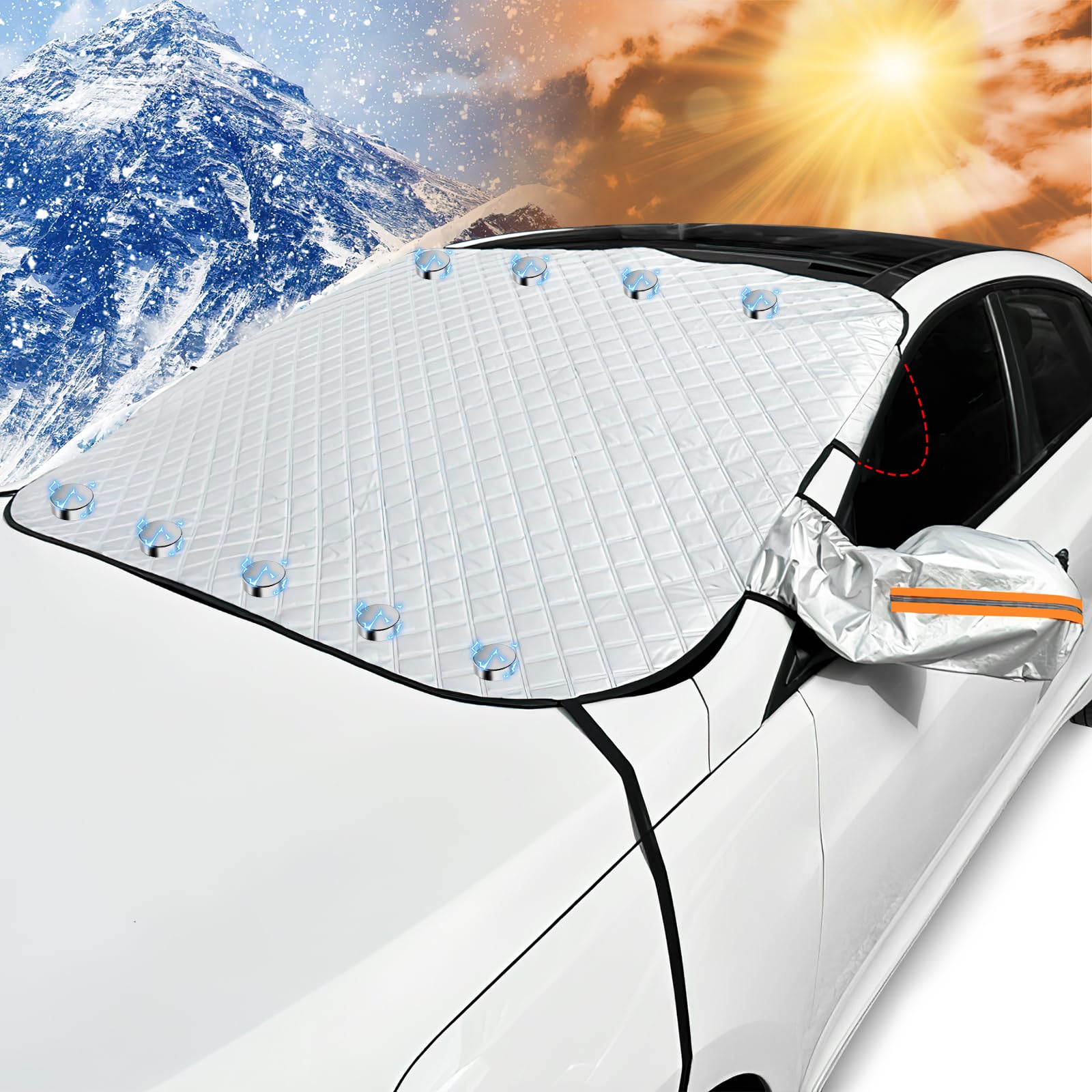 comeder Frontscheibenabdeckung Sommer Auto, Verdicken Faltbar Auto Windschutzscheibenabdeckung mit 9 Magnet & 2 Spiegelabdeckungen für Auto Gegen Schnee EIS Frost Sonne Staub UV (148 × 120 cm) von comeder
