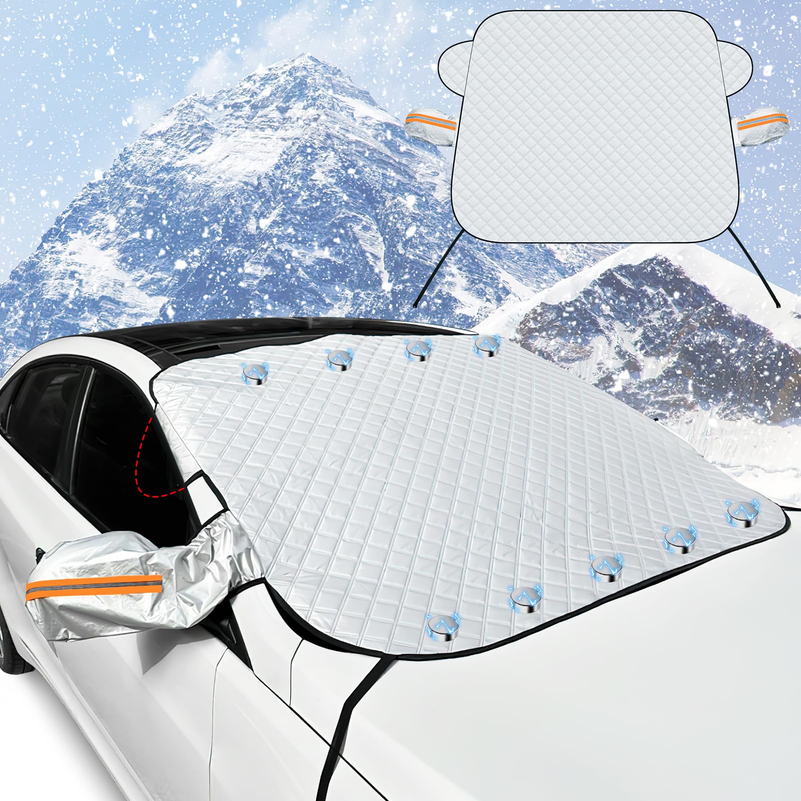 comeder Frontscheibenabdeckung Winter Auto, Verdicken Faltbar Windschutzscheibenabdeckung mit 9 Magnet & 2 Spiegelabdeckungen für Auto Gegen Schnee EIS Frost Sonne Staub UV (165 × 126 cm) von comeder
