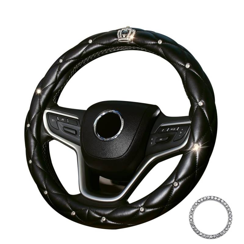 coofig Lenkradbezug Glitzer Universal Lenkradhülle Leder Universal 38cm/15 Inch Strass Lenkrad Bezug Atmungsaktive Steering Wheel Cover Auto Zubehör Innenraum Frauen (Schwarz) von coofig