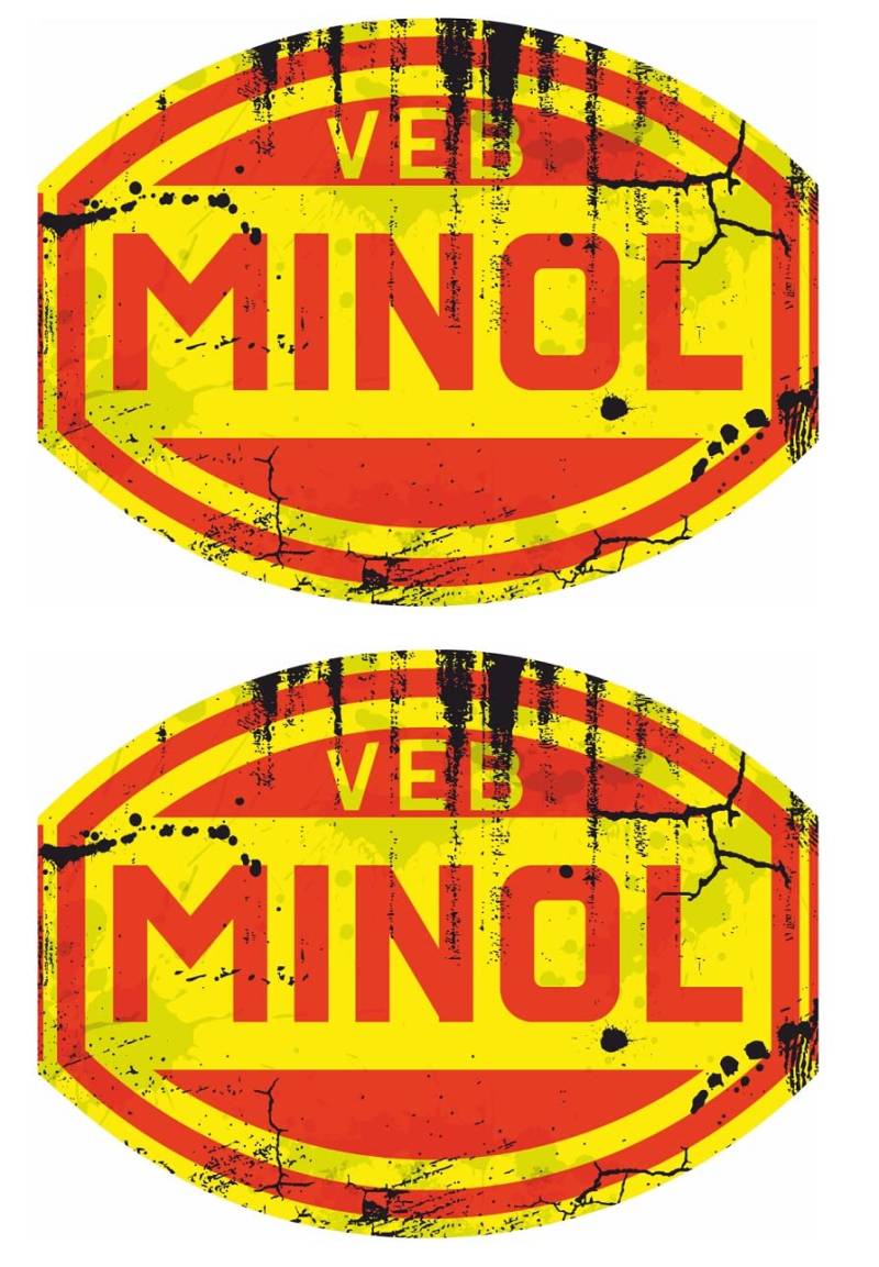 cut-it folientechnik & design 2X MINOL Vintage Aufkleber 9,5x7cm Kult DDR Sticker VEB IFA Oldtimer Oldschool Ossi Ostalgie Auto oder Moped Motorrad Tank für Simson Trabbi Schwalbe usw. von cut-it folientechnik & design