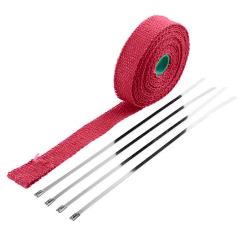 cyclingcolors Hitzeschutzband 25mm x 10M glasfaser Auspuffband mit Kabelbinder für Fächerkrümmer Thermoband Krümmerband auto motorrad moped, rot von cyclingcolors