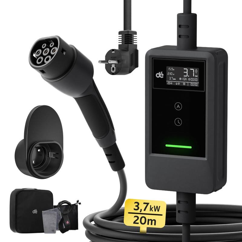 dé Ladekabel Elektroauto Typ 2 Schuko 3,7kW [20m, 6-16A] EV Charger Mit Kabelhalter und digitalem LCD - EV Ladegerät für e Auto Model 3/Y, ID.3/4/5, MG4, Q4, GLA, Zoe und Anderen PHEV/EV von dé